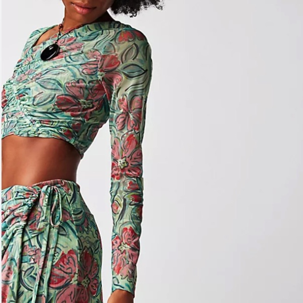 Free People Asymmetrical Mesh Long Sleeve Crop Top